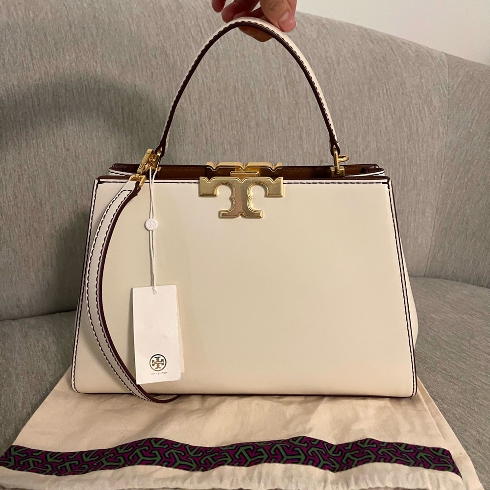 TORY BURCH Eleanor Satchel in Spazzolato Leather Light Cream Gold-tone Hardware
